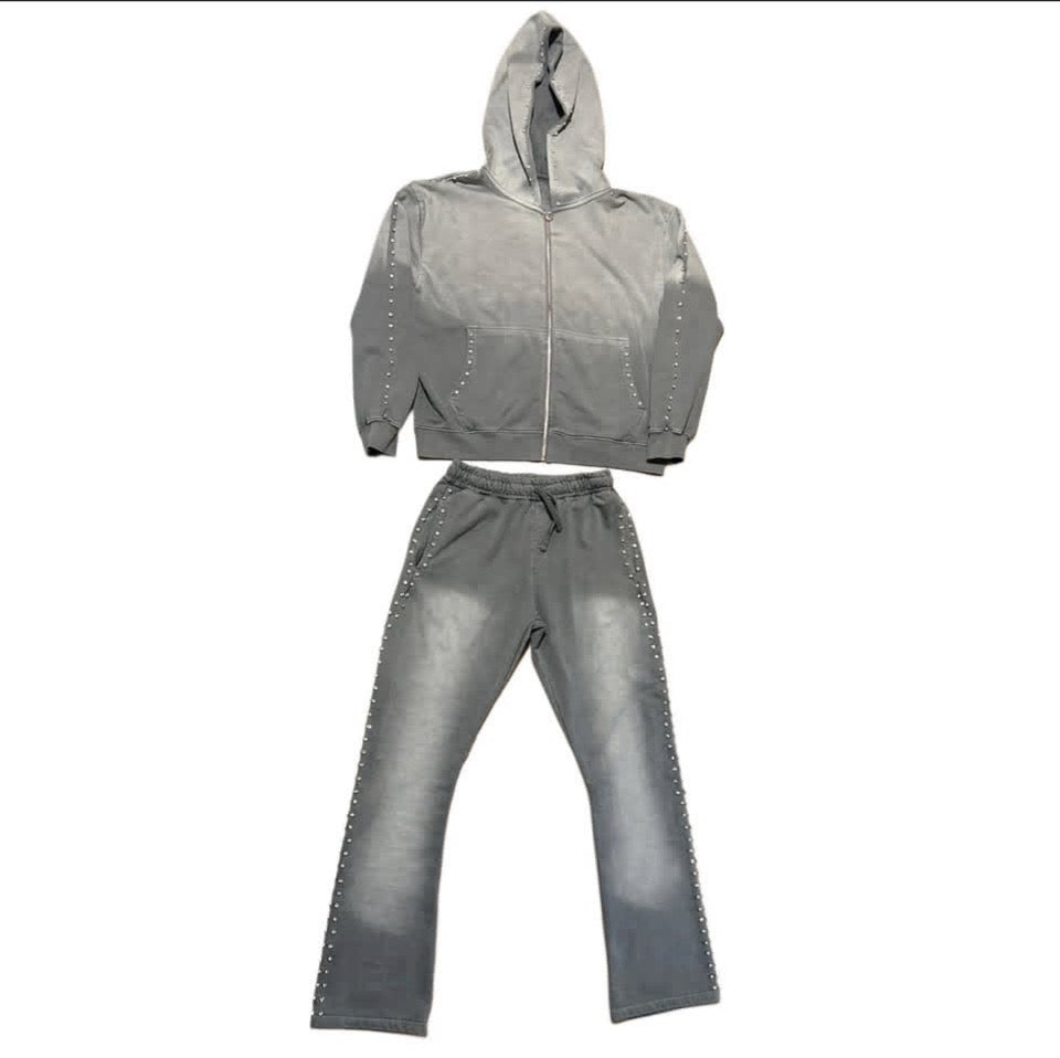 Grey Zip up Hoodie Sunfade Stacked Pants Set