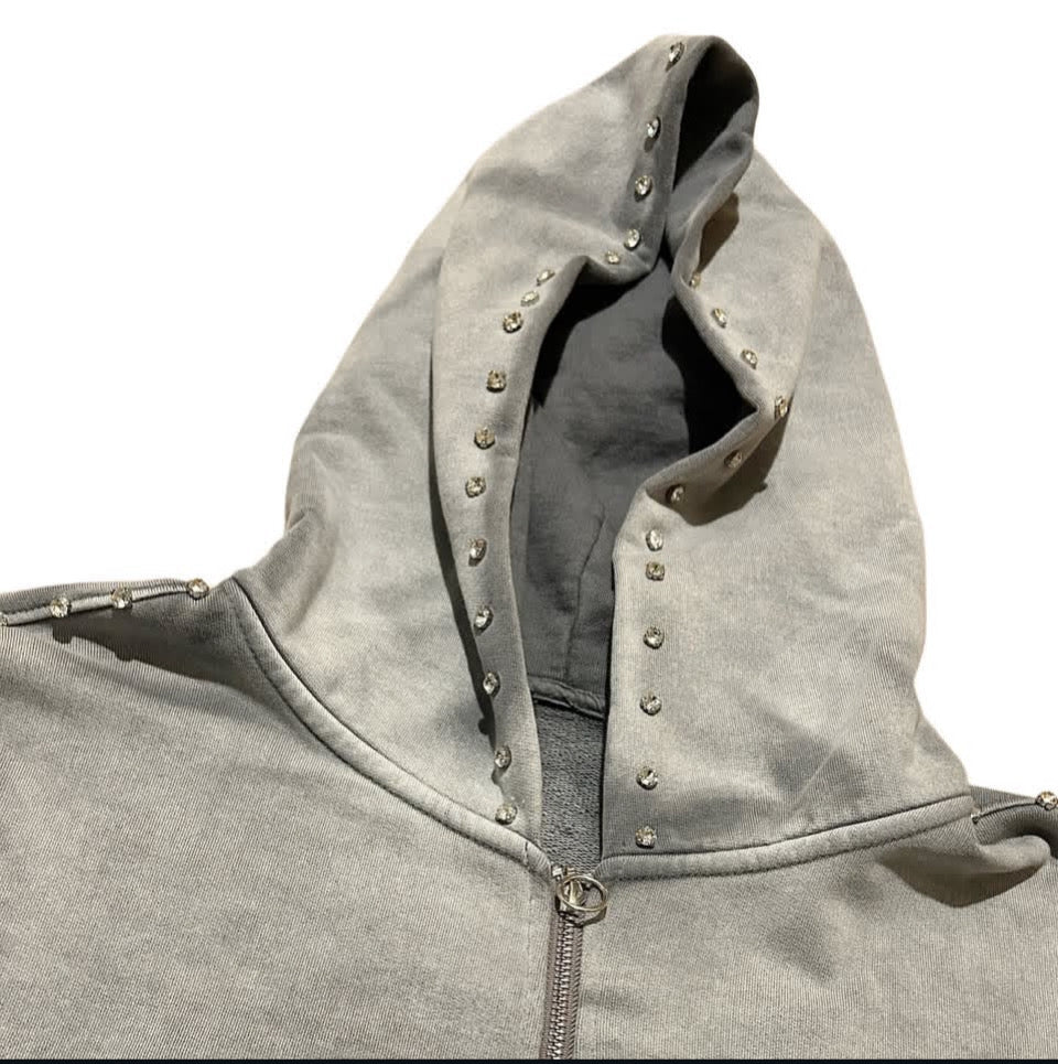 Grey  Zip up Hoodie Sunfade Stacked Pants Set