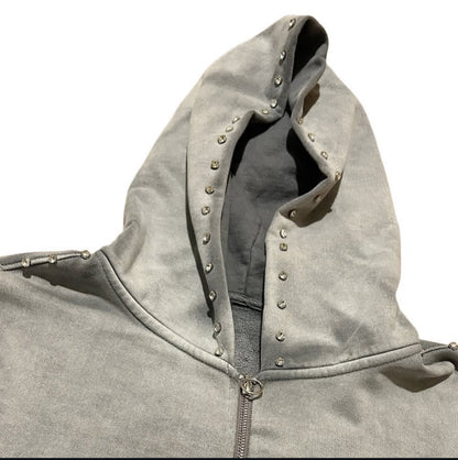 Grey  Zip up Hoodie Sunfade Stacked Pants Set