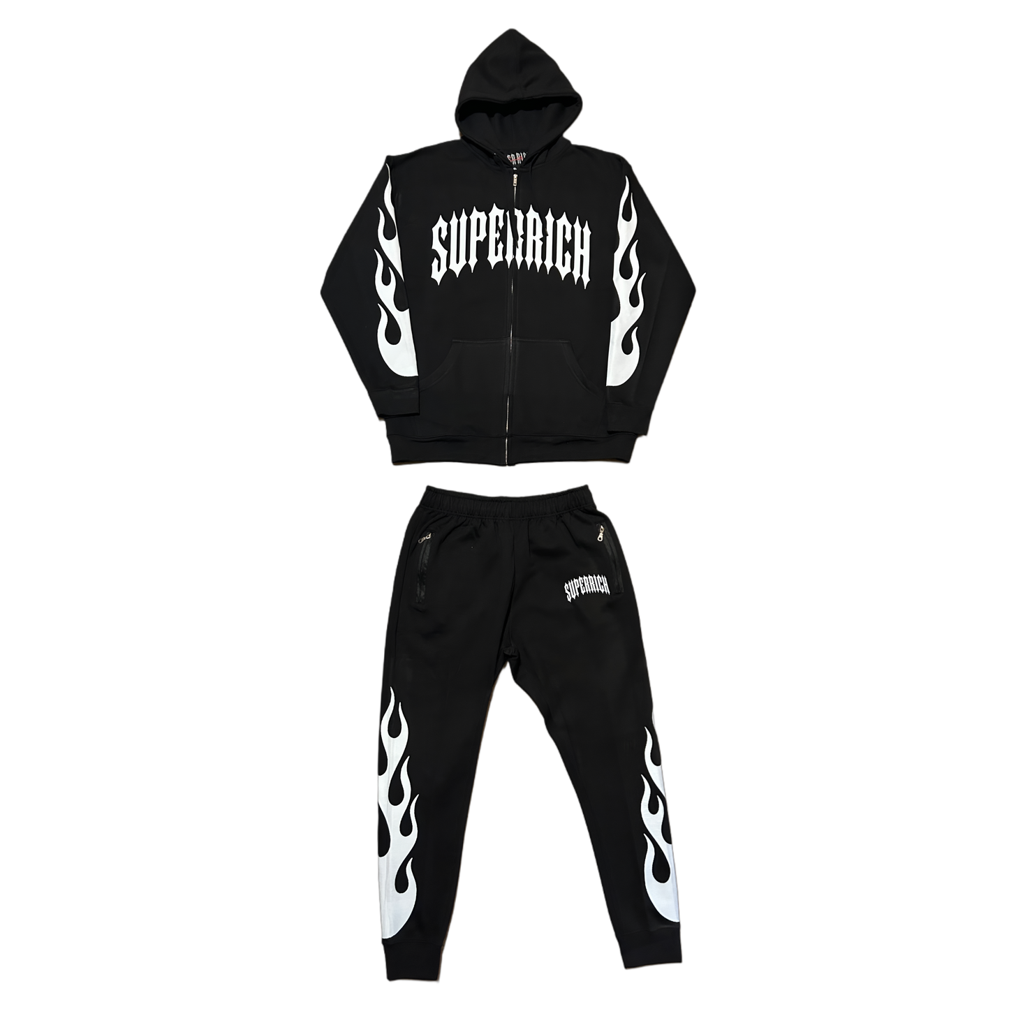 Black & white Flame Regular Style Zip up hoodie and Pants set