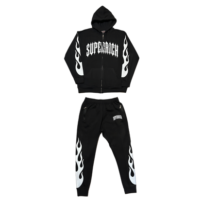 Black & white Flame Regular Style Zip up hoodie and Pants set