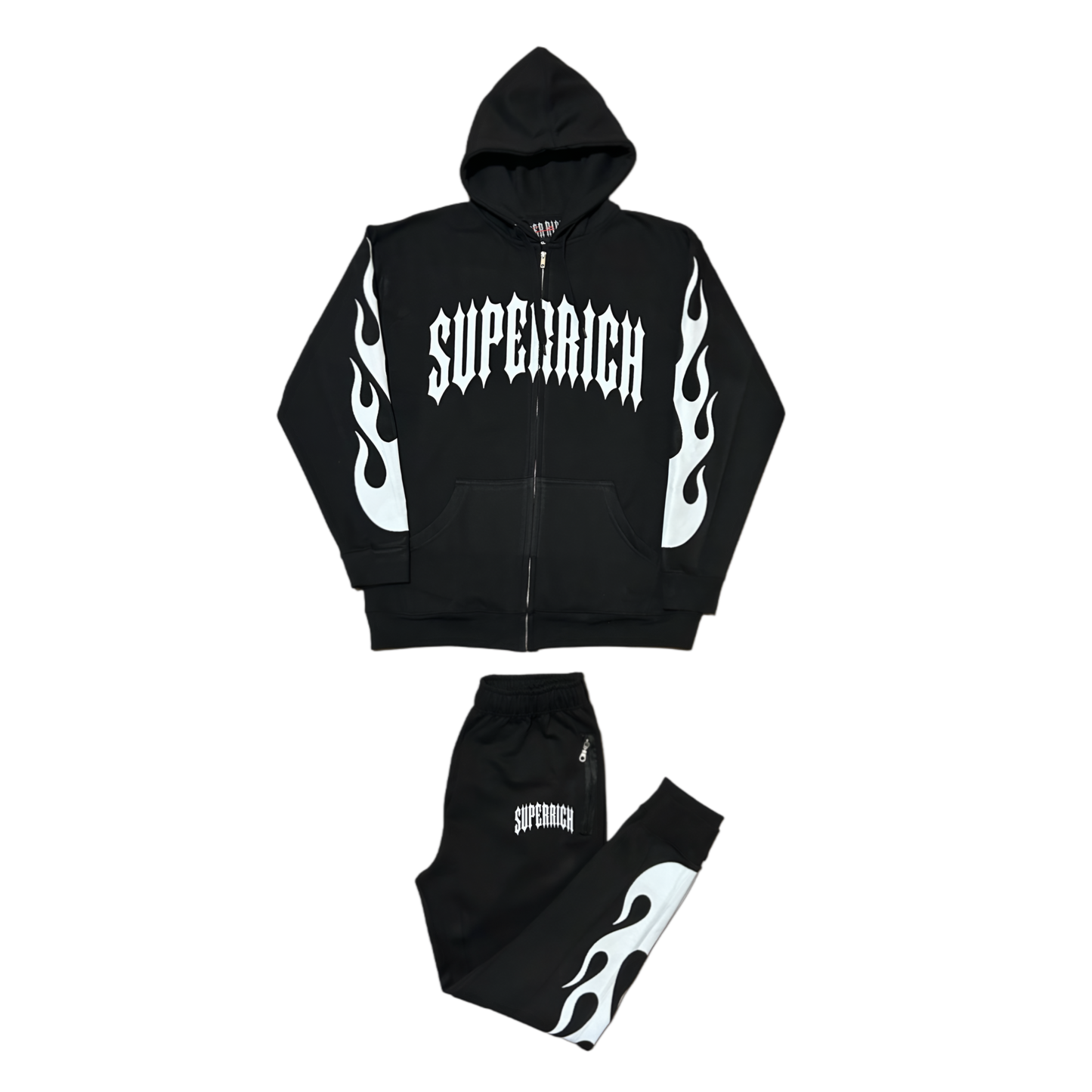 Black & white Flame Regular Style Zip up hoodie and Pants set