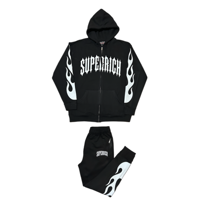Black & white Flame Regular Style Zip up hoodie and Pants set