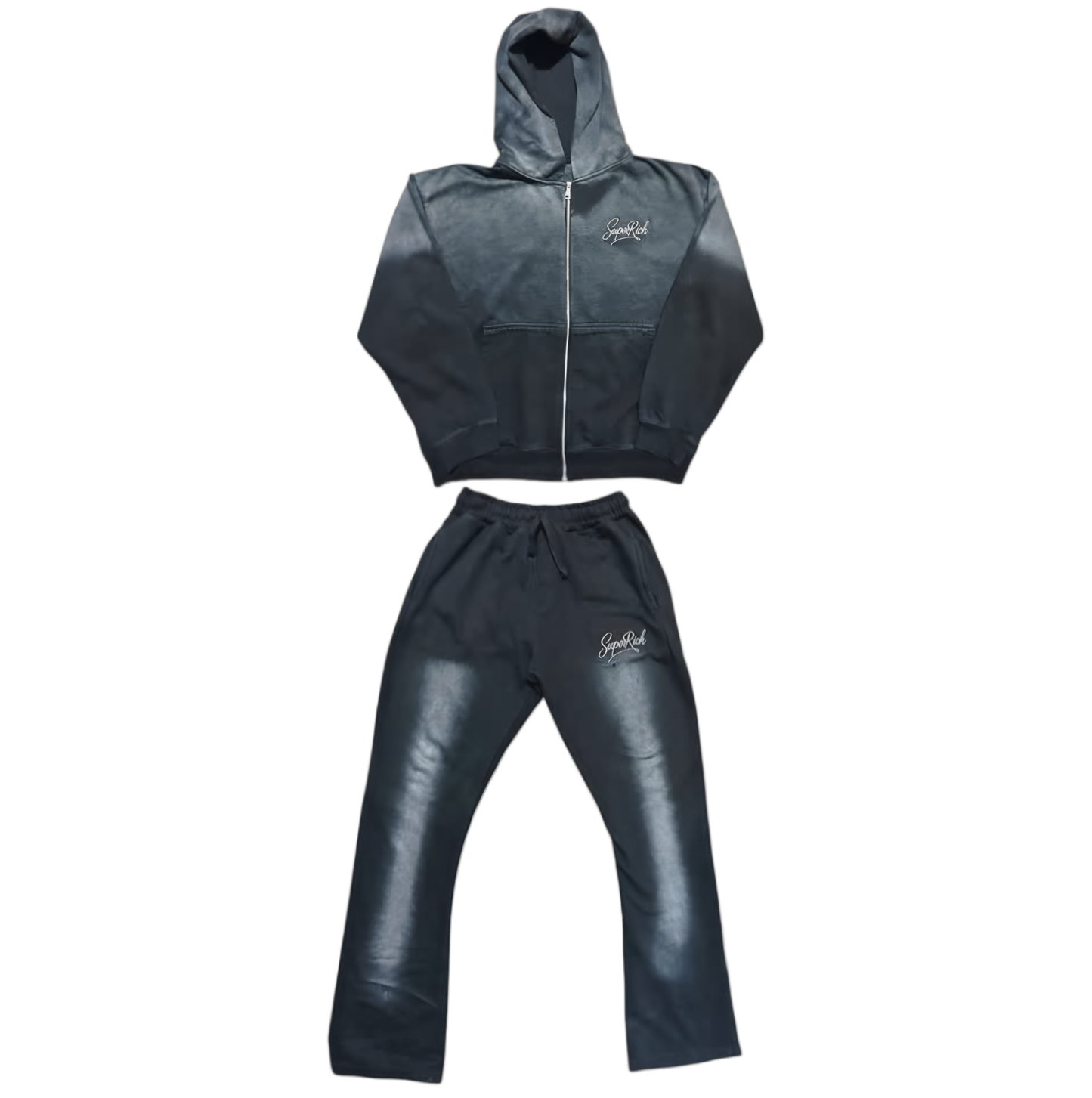 black zip up sunfade hoodie &  stack pants tracksuit set