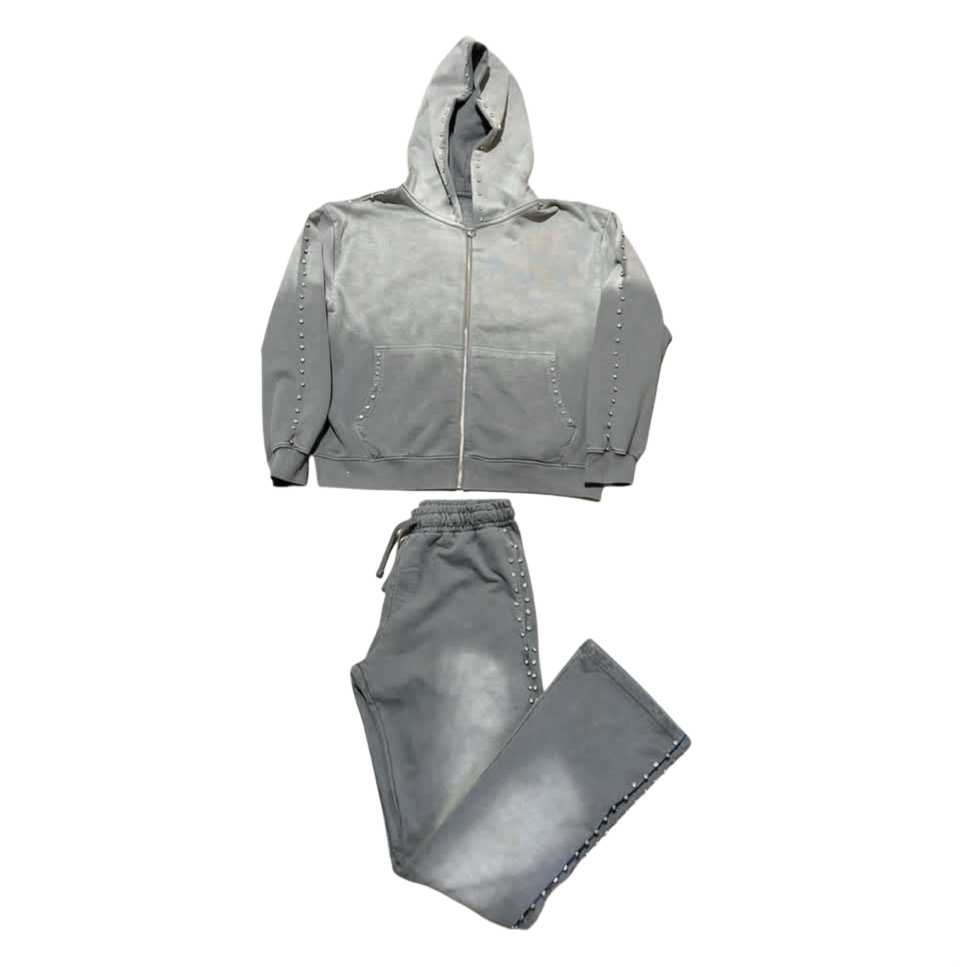 Grey  Zip up Hoodie Sunfade Stacked Pants Set