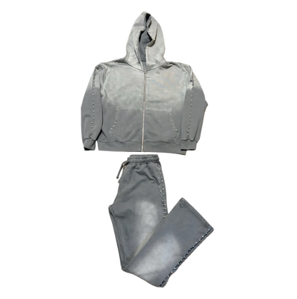 Grey  Zip up Hoodie Sunfade Stacked Pants Set