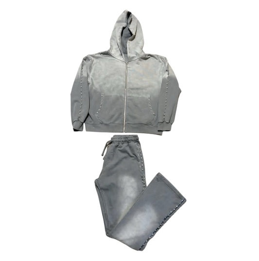 Grey  Zip up Hoodie Sunfade Stacked Pants Set