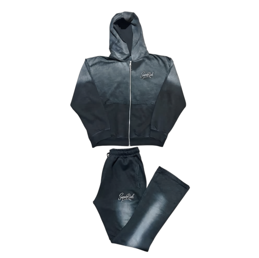 black zip up sunfade hoodie &  stack pants tracksuit set