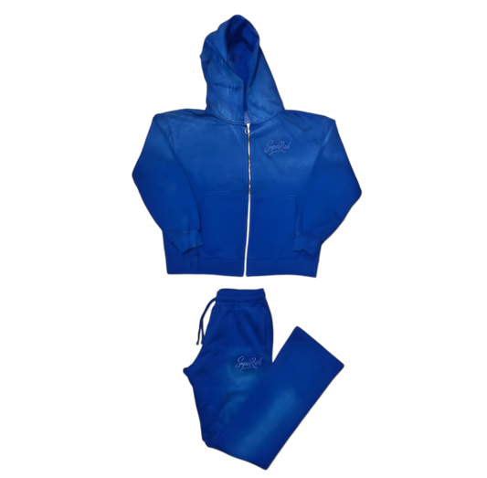 Blue Zip up Hoodie Sunfade Stacked Pants Set