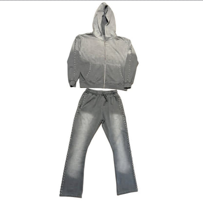 Grey  Zip up Hoodie Sunfade Stacked Pants Set